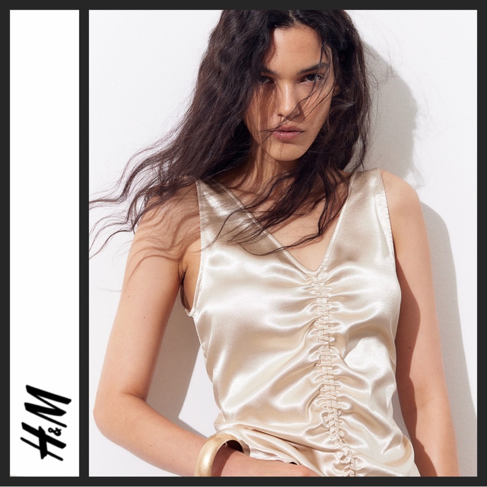H&M Satin Ruched V-Neck Camisole in Champagne